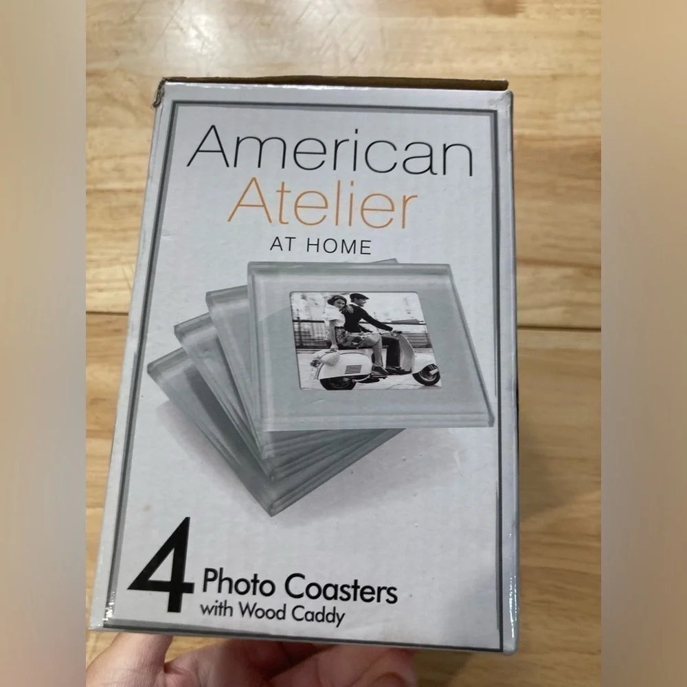 American Atelier home 4 photo coasters with caddy. Brand new in box